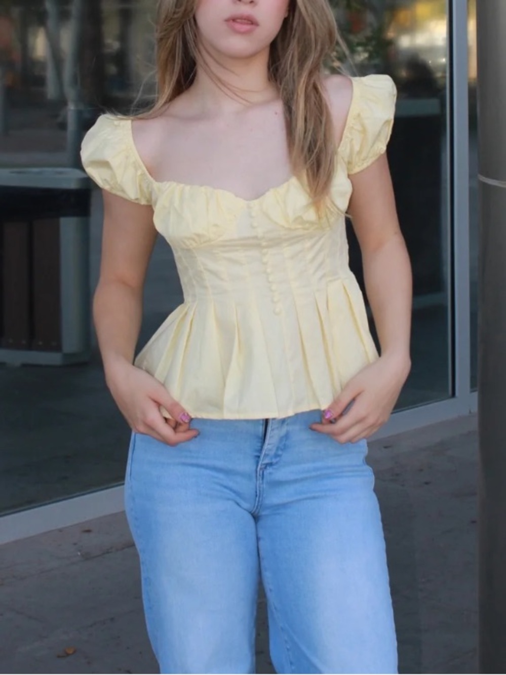 Yellow Puff-Sleeve Sweetheart Top size M,